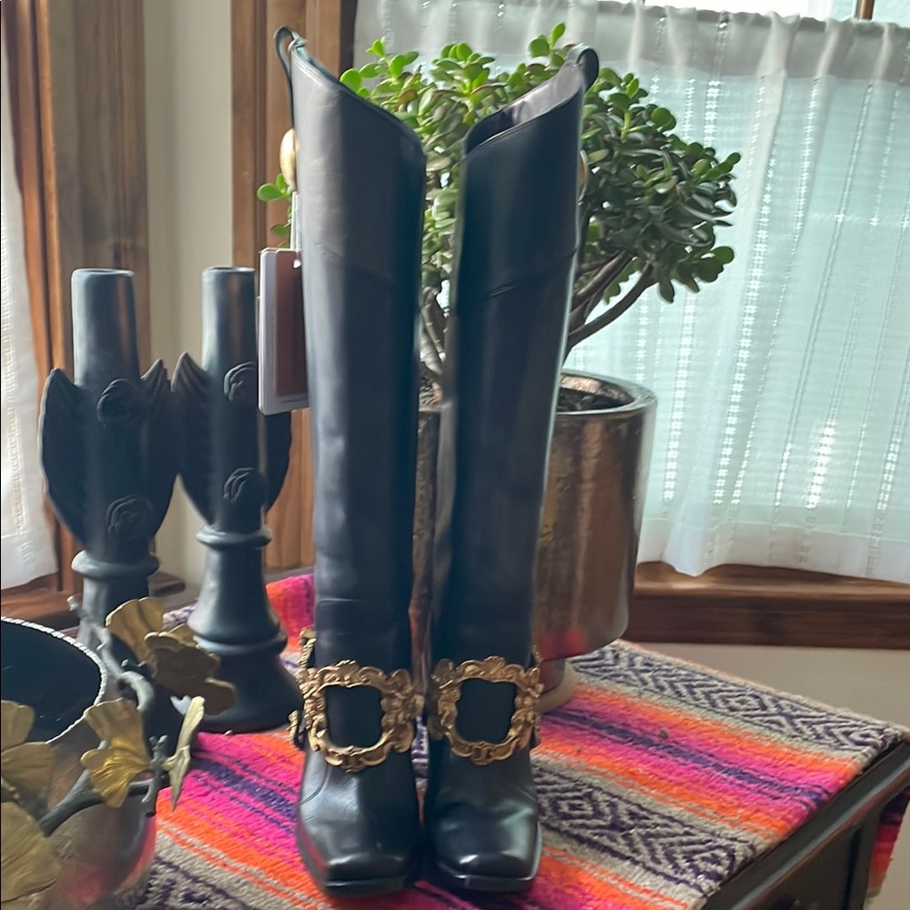 DOLCE & GABBANA VTG Black Leather Baroque Gold Pirate Riding Boots 36 6 Like New - Picture 11 of 16